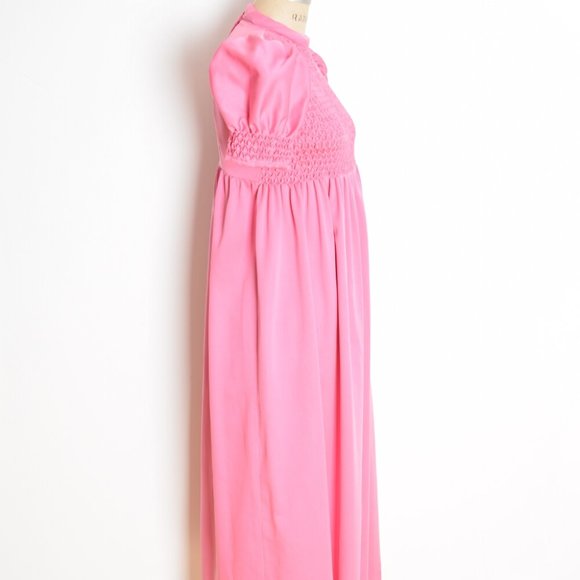 vintage 70s dress pink smocked puff sleeve babydoll kinderwhore lolita maxi S - Picture 5 of 6